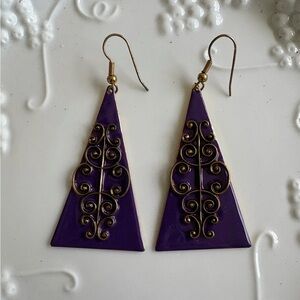 Purple Triangle Earrings with Bronze Tone Accents